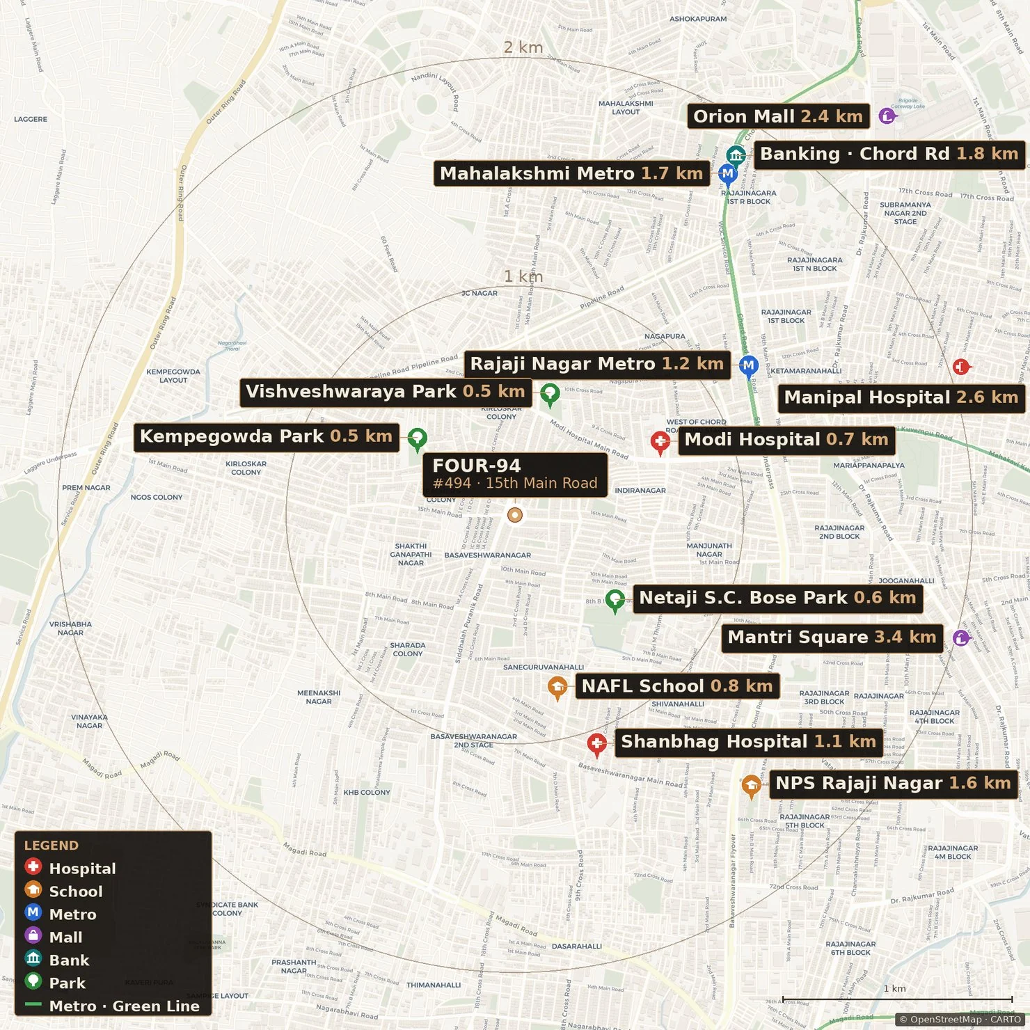 Connectivity map showing Four-94 and nearby schools, hospitals, malls, metro and banking with distances