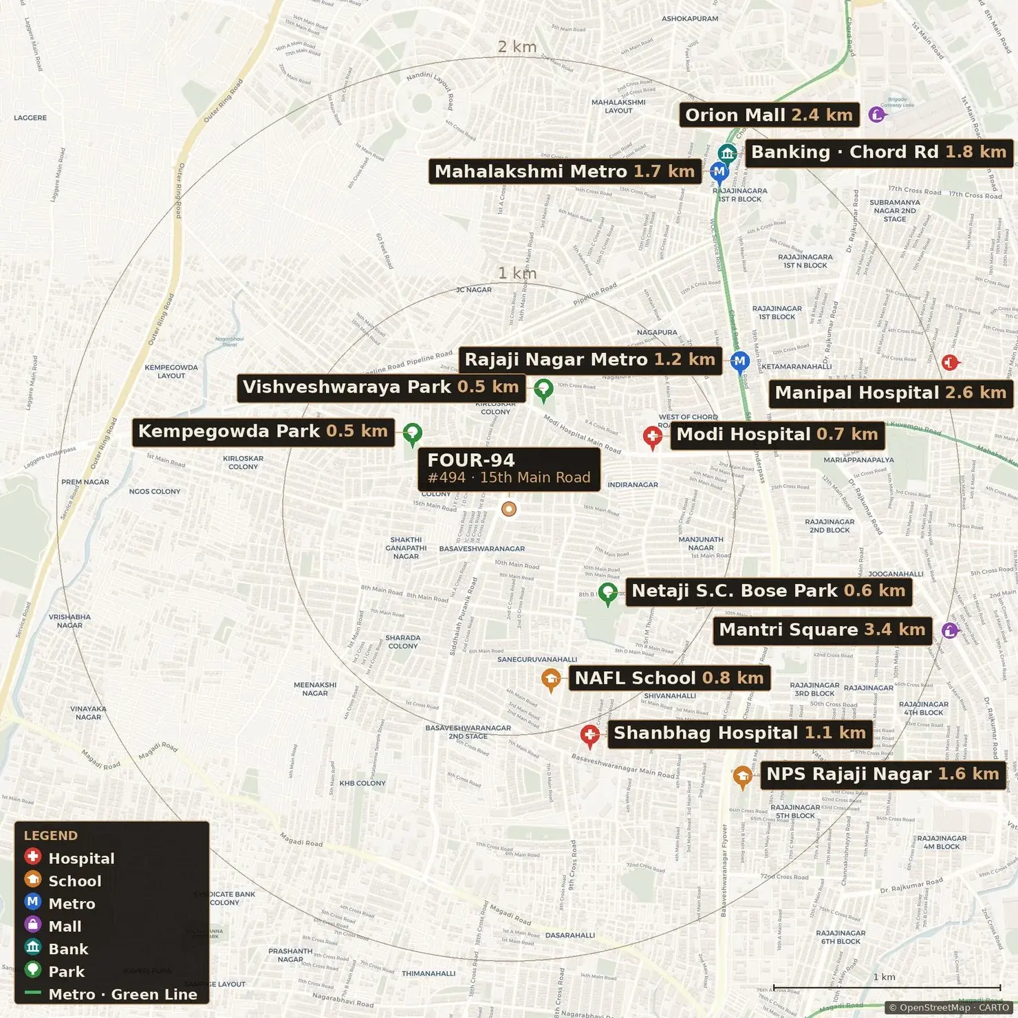 Connectivity map around FOUR 94, Basaveshwara Nagar