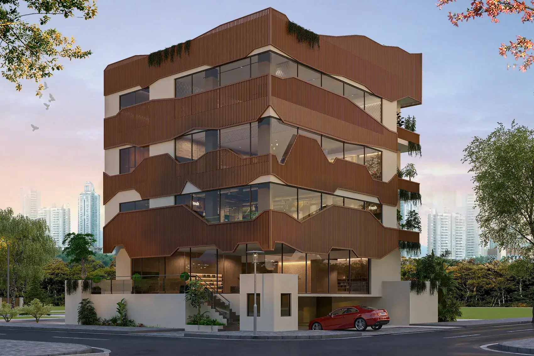 FOUR 94 corner elevation at dusk (artist's impression)