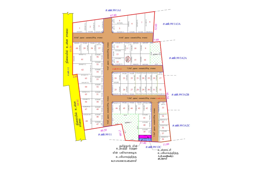 Draft layout plan of the Salavakkam plotted development, showing numbered plots, internal roads and two parks (June 2026, indicative)
